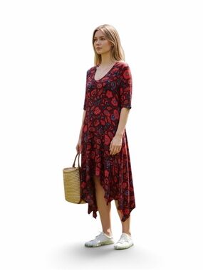 Kenzo Satin Dress in Deep Burgundy with Floral Trim